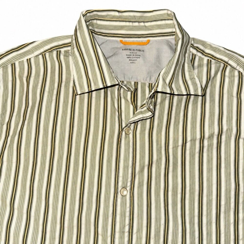 NWOT Banana Republic Mens Large Slim Fit Striped Pearl Snap Shirt 2007 - Picture 2 of 7
